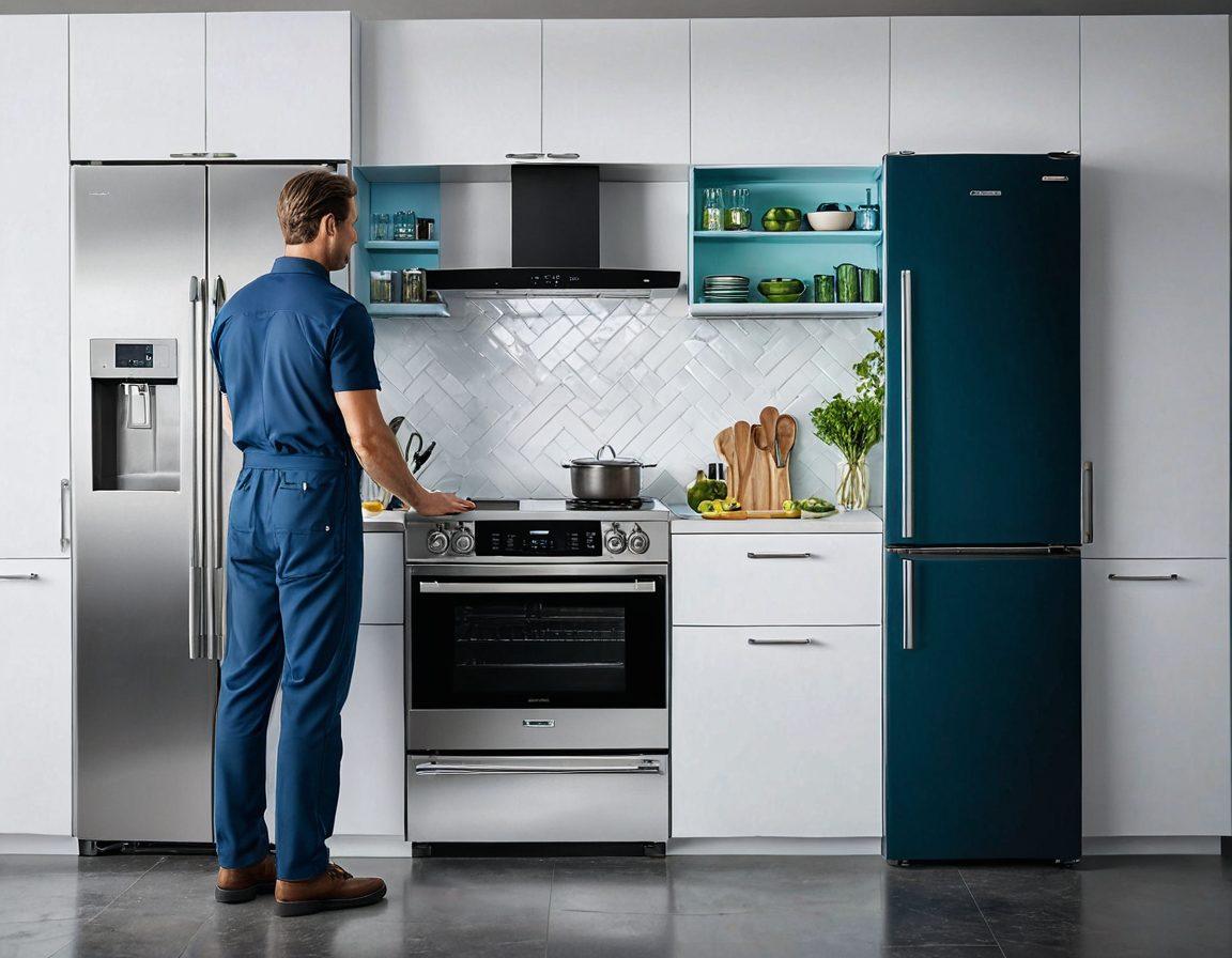A modern kitchen filled with various appliances like a refrigerator, oven, and dishwasher, showcasing a split scene of a professional technician conducting maintenance on one side and a well-organized toolset on the other. Bright, clean environment with instructional graphics like checklists and tips floating around, emphasizing efficiency and service. Contemporary color palette highlighting blues and greens. super-realistic. vibrant colors. white background.