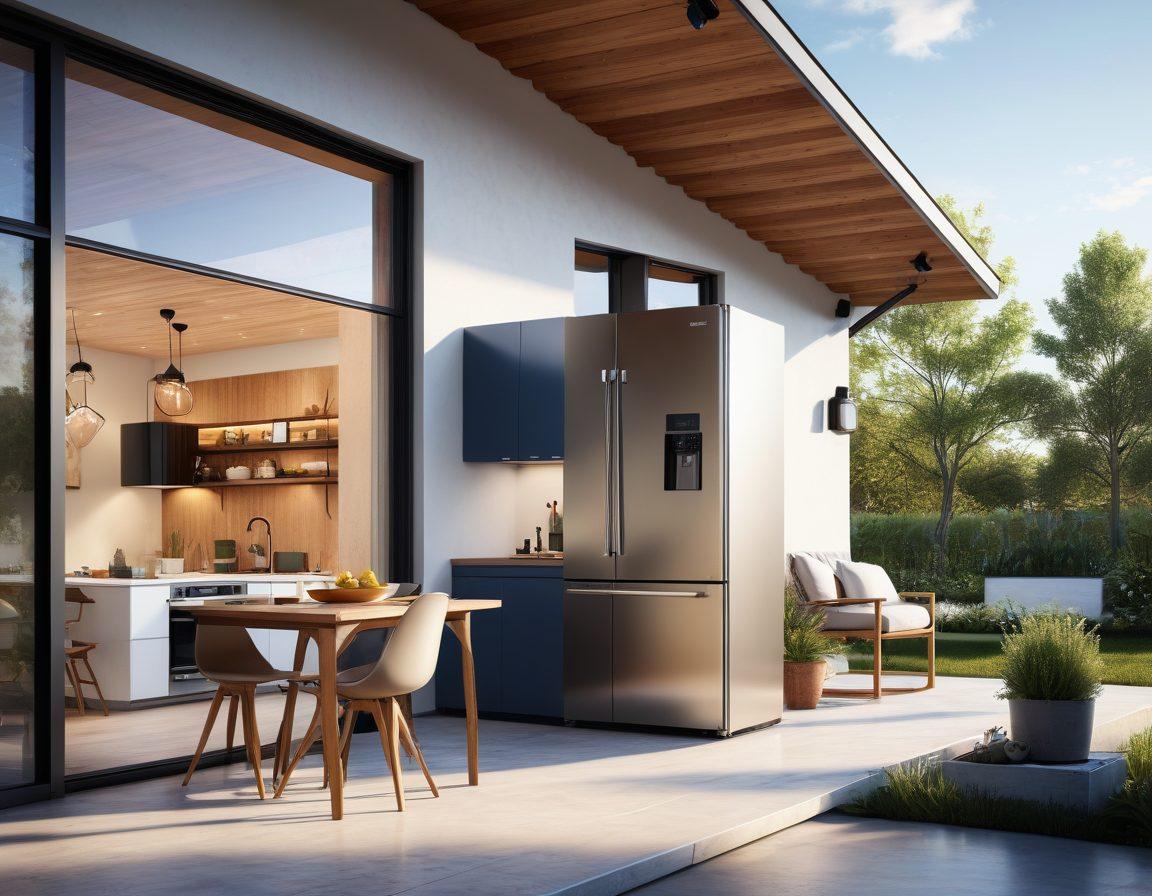 A cozy modern home with various energy-efficient appliances prominently displayed, including a smart refrigerator, solar panels on the roof, and LED lighting illuminating the interior. The windows should showcase a bright sunny day outside, symbolizing sustainability. Include a checklist graphic in the foreground that emphasizes 'Energy-Efficiency' and 'Savings'. super-realistic. vibrant colors. clean layout.