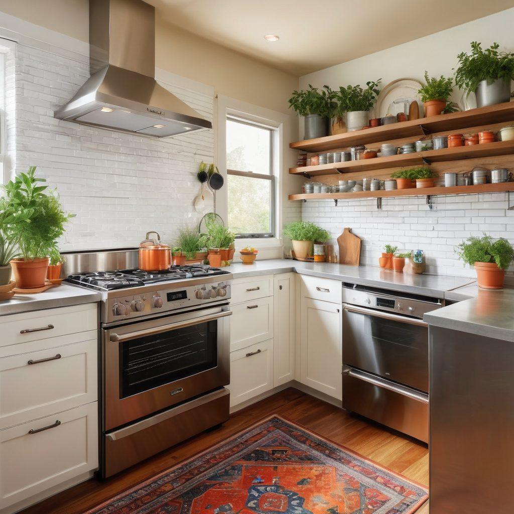 A cozy, modern kitchen featuring a variety of home appliances: a shiny stainless steel refrigerator, an elegant dishwasher, and a sleek oven, all illuminated by warm lighting. Include a hand holding a user manual with illustrations on appliance maintenance, surrounded by sparkling clean countertops and vibrant potted herbs. The scene evokes a sense of comfort and efficiency. super-realistic. vibrant colors. warm lighting.